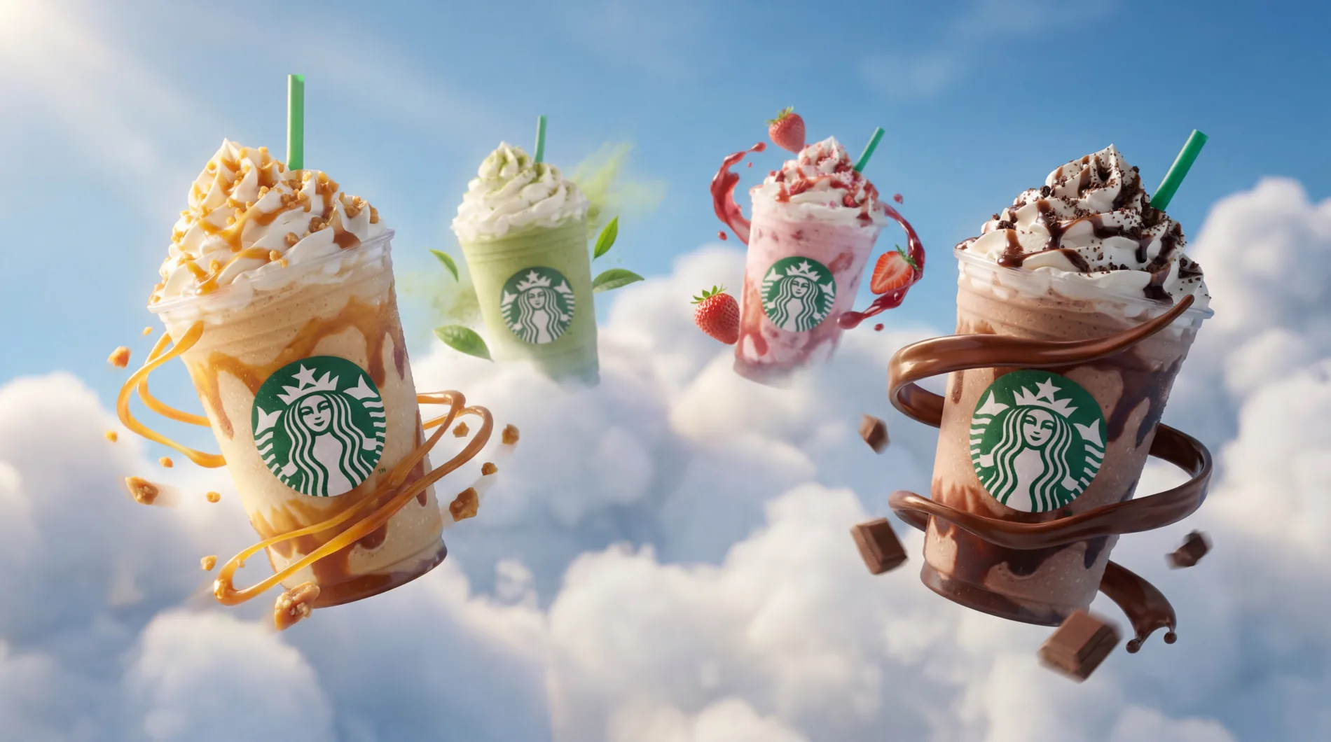 Four Starbucks Frappuccino cups floating in a cloud sky, CGI render
